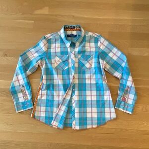 Georg Roth Mens Turquoise White Plaid Button Sown Bright Multi Fabric Accents